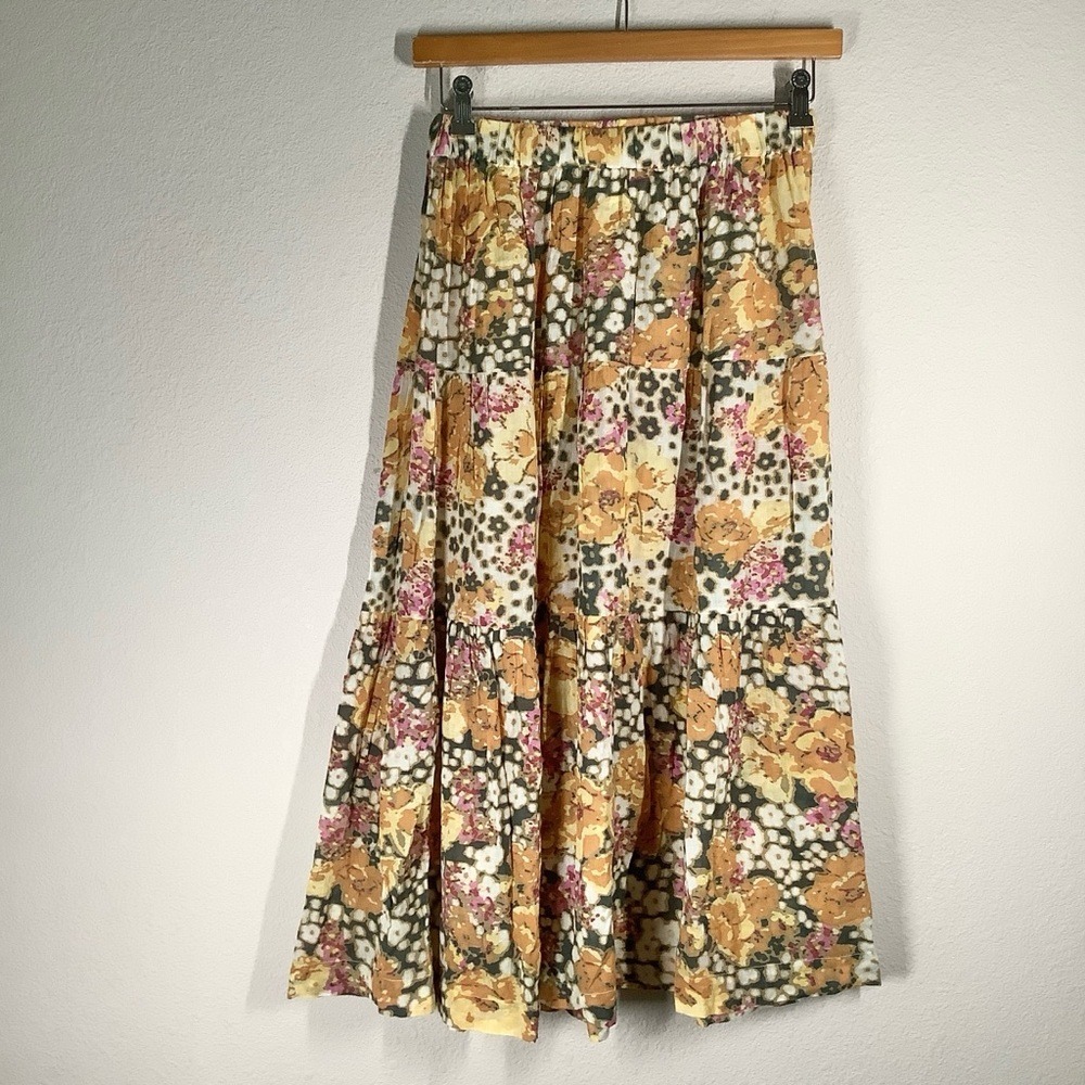 BA&SH Tiered Floral Midi Skirt M Semi Sheer Pull-On Hippie Festival Beach Resort - Picture 2 of 12